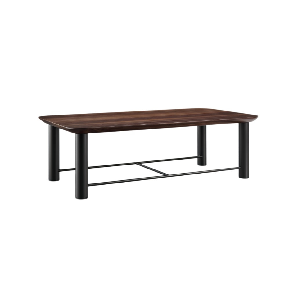 Minimalistische rechthoekige salontafel met houten blad en metalen poten**
