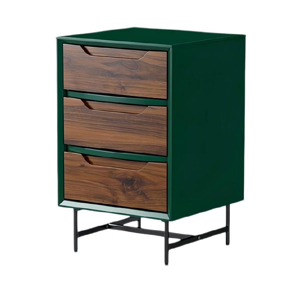 **Moderne nachtkast met drie lades en metallic poten**