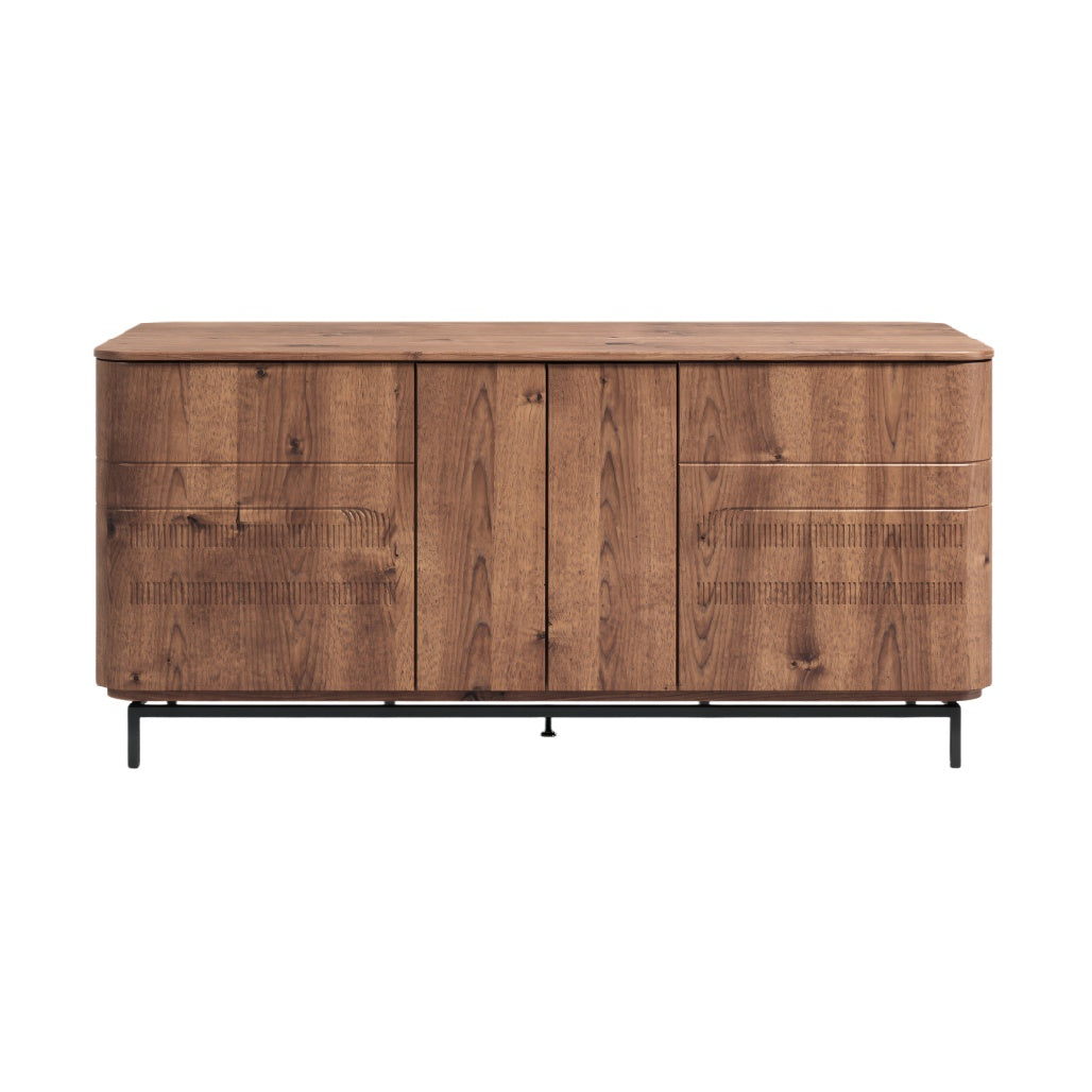 **Houten Dressoir met Zwarte Metalen Poten en Gestreepte Details**